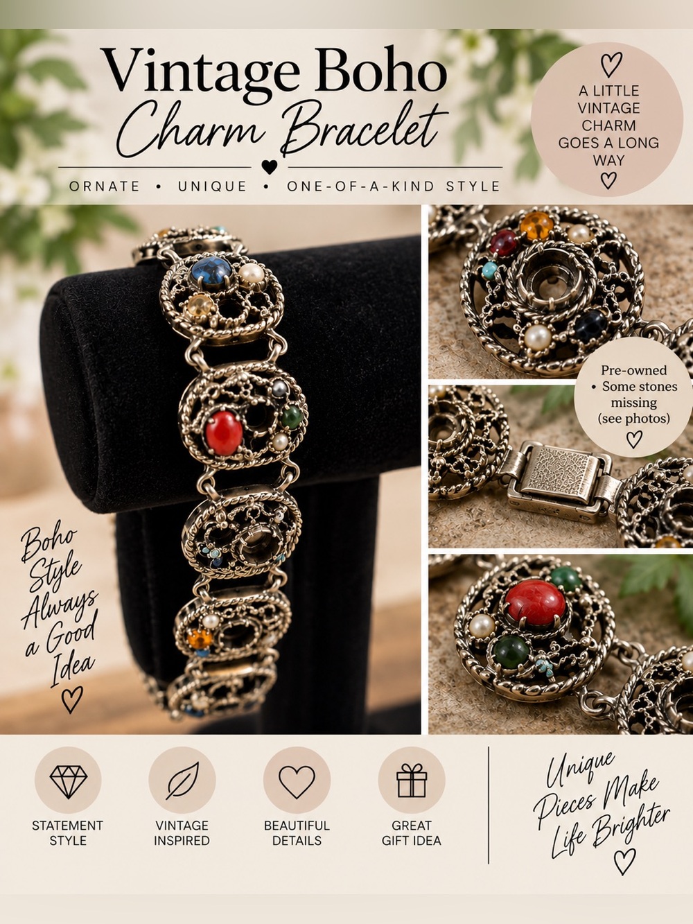 Vintage Boho Charm Bracelet, Missing Stones, please see photos
